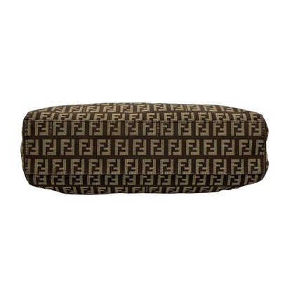 FENDI Hand Bag Tote Purse FF Zucchino Jacquard Leather Dark Brown Beige Auth