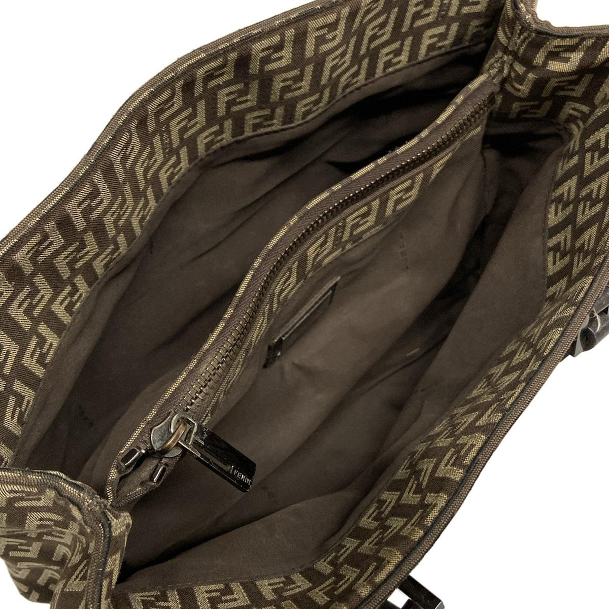 FENDI Hand Bag Tote Purse FF Zucchino Jacquard Leather Dark Brown Beige Auth