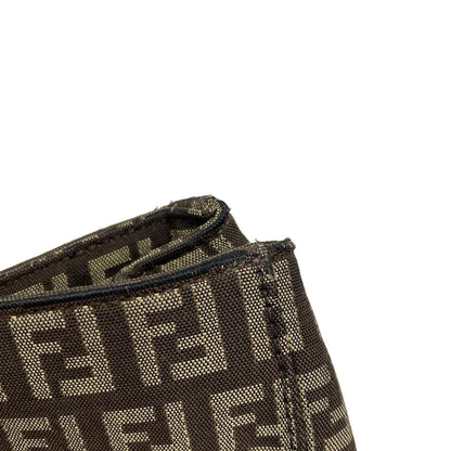 FENDI Hand Bag Tote Purse FF Zucchino Jacquard Leather Dark Brown Beige Auth