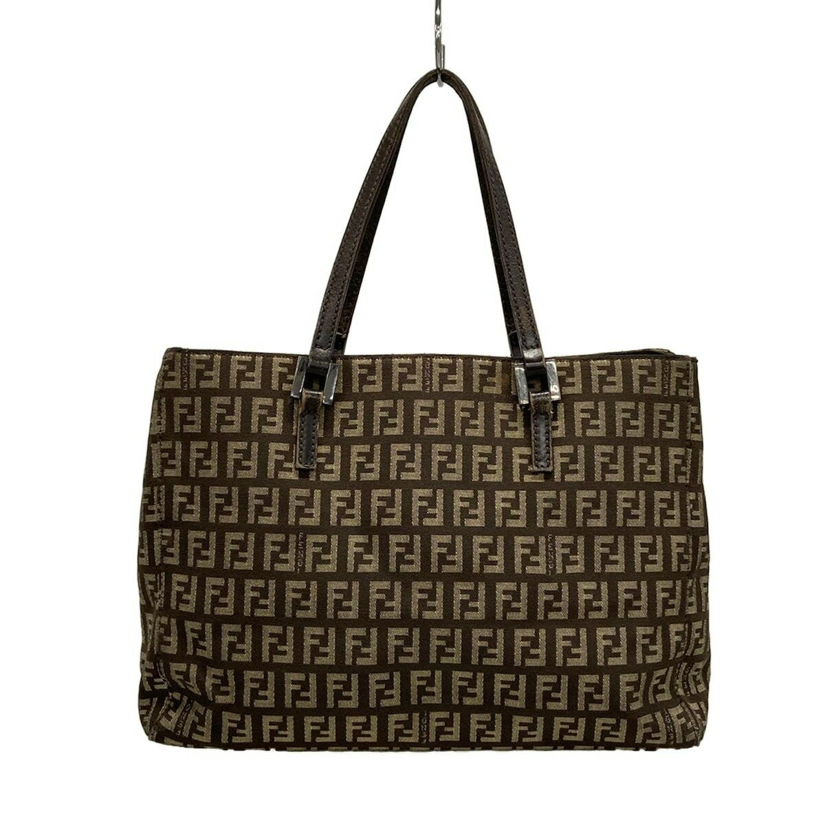 FENDI Hand Bag Tote Purse FF Zucchino Jacquard Leather Dark Brown Beige Auth