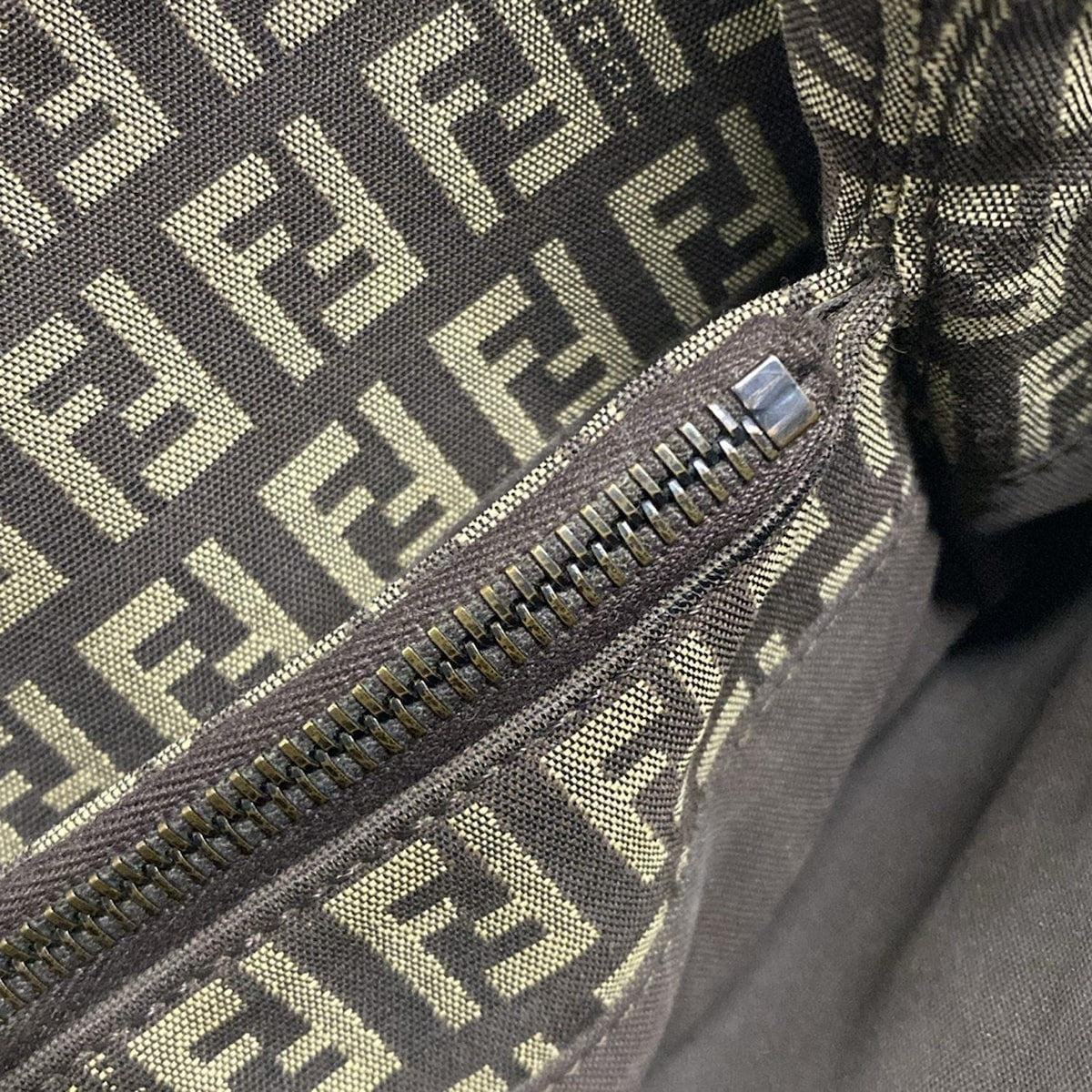 FENDI Hand Bag Tote Purse FF Zucchino Jacquard Leather Dark Brown Beige Auth