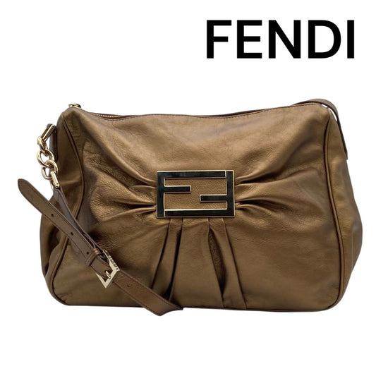 FENDI Shoulder Bag Purse FF Baguette Leather Gold Authentic