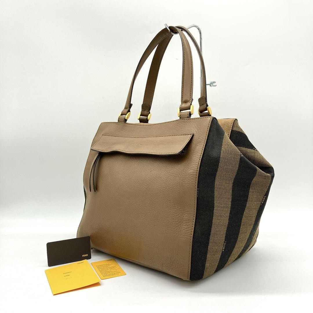 FENDI Hand Bag Tote Purse Pecan Canvas Leather Suede Brown Black Authentic