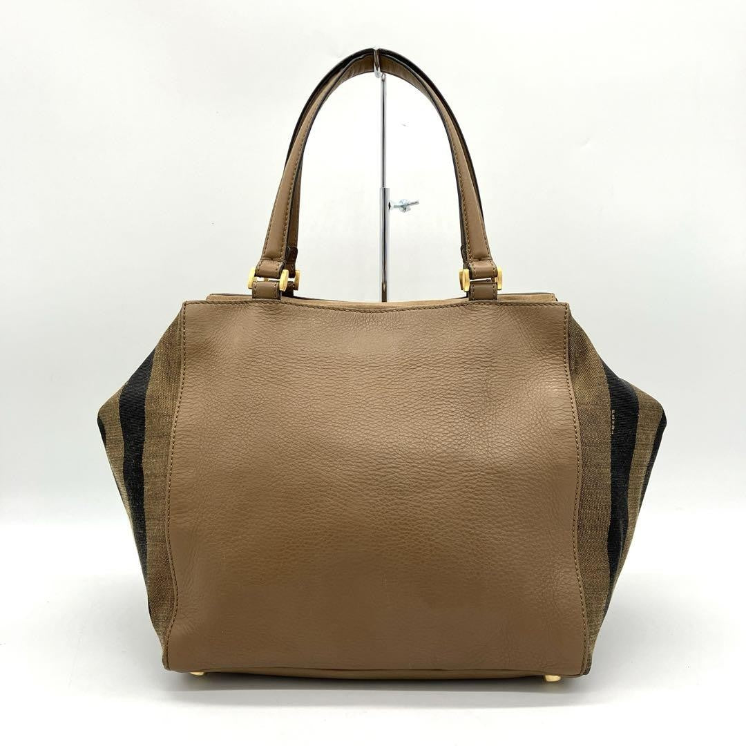 FENDI Hand Bag Tote Purse Pecan Canvas Leather Suede Brown Black Authentic