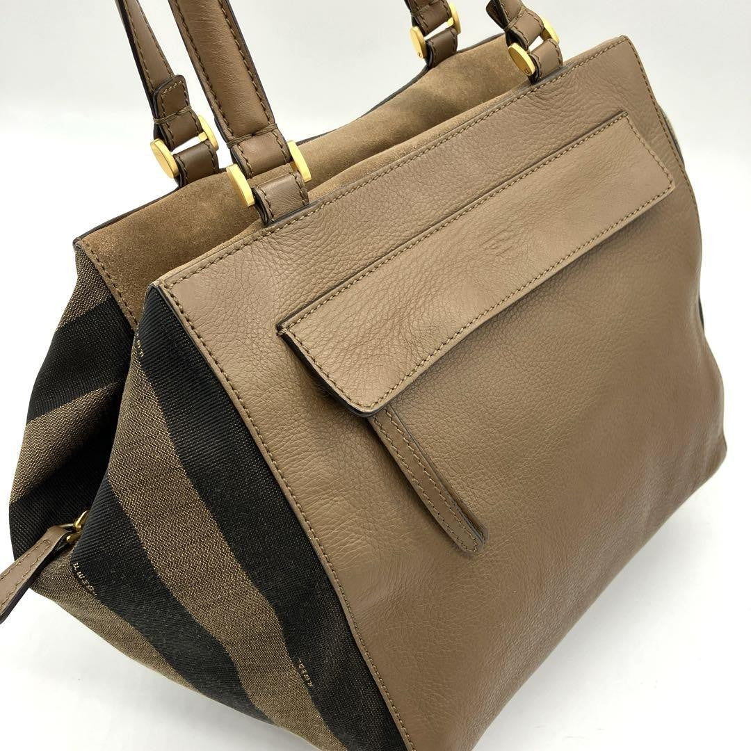 FENDI Hand Bag Tote Purse Pecan Canvas Leather Suede Brown Black Authentic