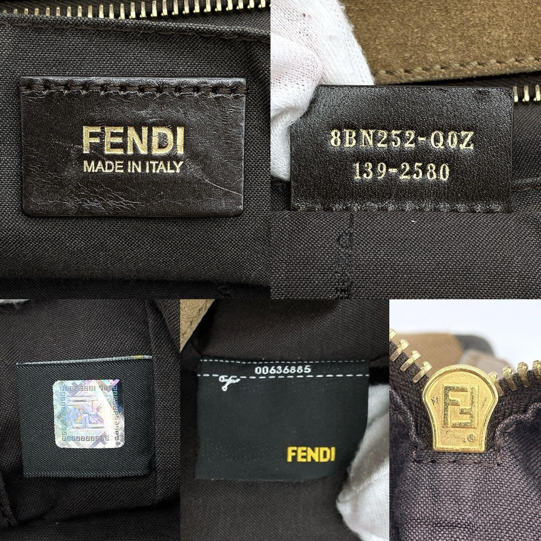 FENDI Hand Bag Tote Purse Pecan Canvas Leather Suede Brown Black Authentic