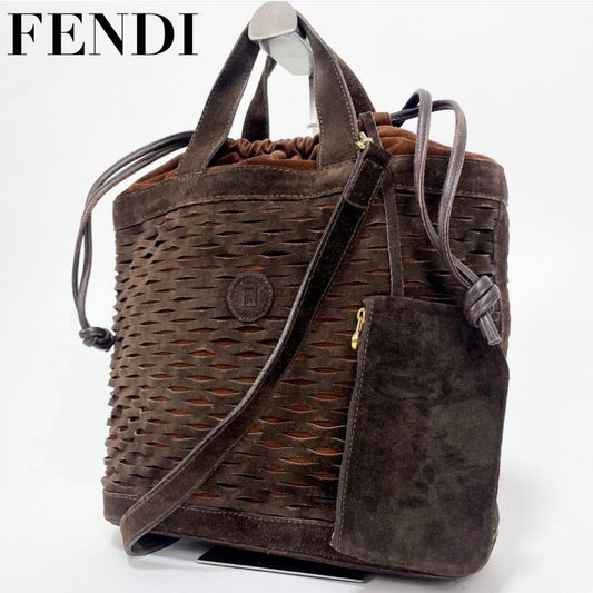 FENDI Hand Shoulder Bag Tote Purse 2way FF Suede Leather Brown Authentic