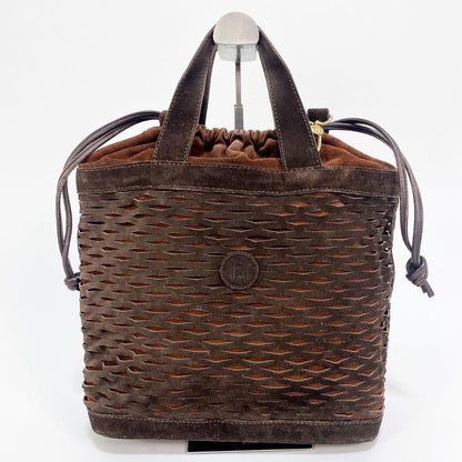 FENDI Hand Shoulder Bag Tote Purse 2way FF Suede Leather Brown Authentic