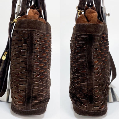 FENDI Hand Shoulder Bag Tote Purse 2way FF Suede Leather Brown Authentic