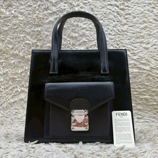 FENDI Hand Bag Tote Purse Leather Black Authentic