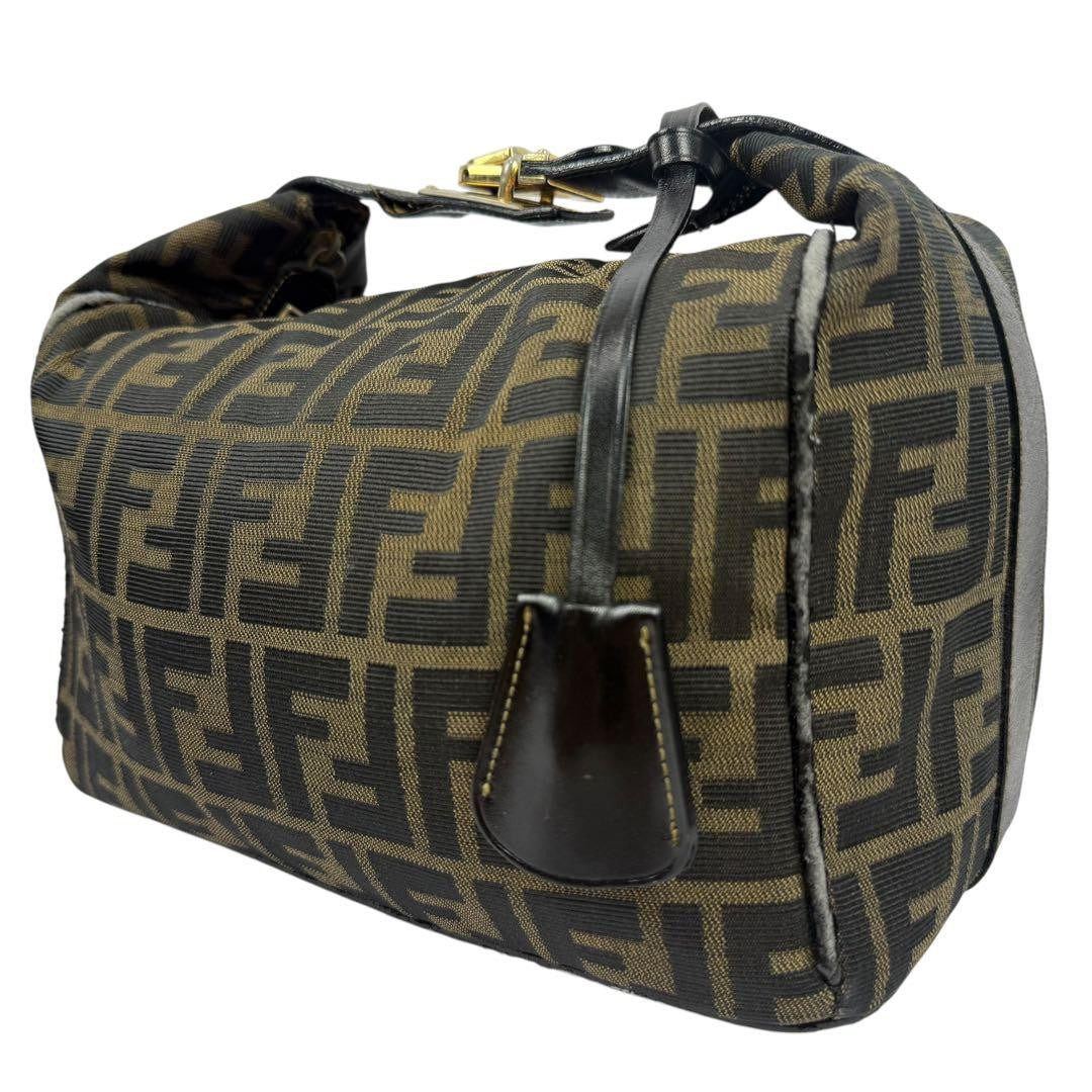 FENDI Hand Bag Tote Purse Vanity FF Zucca Canvas Leather Khaki Authentic