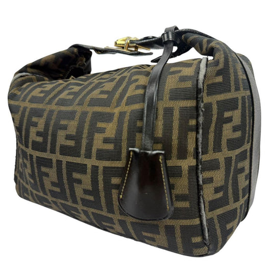 FENDI Hand Bag Tote Purse Vanity FF Zucca Canvas Leather Khaki Authentic