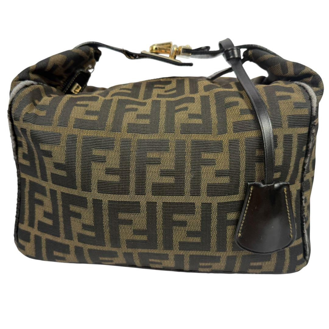 FENDI Hand Bag Tote Purse Vanity FF Zucca Canvas Leather Khaki Authentic