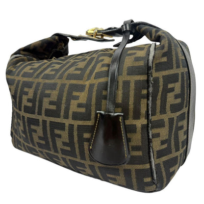 FENDI Hand Bag Tote Purse Vanity FF Zucca Canvas Leather Khaki Authentic