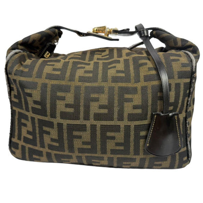 FENDI Hand Bag Tote Purse Vanity FF Zucca Canvas Leather Khaki Authentic