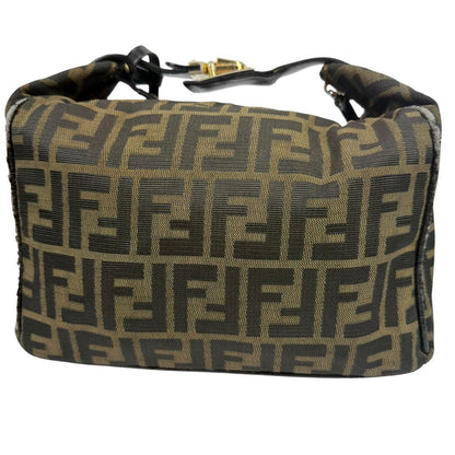 FENDI Hand Bag Tote Purse Vanity FF Zucca Canvas Leather Khaki Authentic