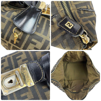 FENDI Hand Bag Tote Purse Vanity FF Zucca Canvas Leather Khaki Authentic