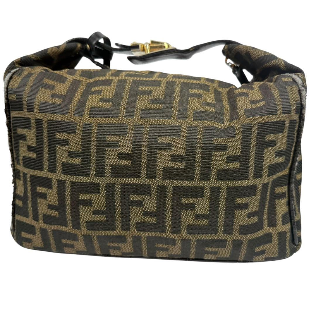 FENDI Hand Bag Tote Purse Vanity FF Zucca Canvas Leather Khaki Authentic