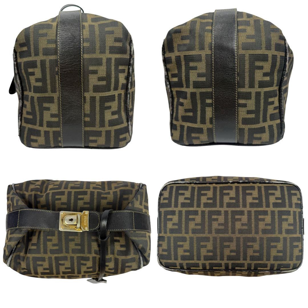 FENDI Hand Bag Tote Purse Vanity FF Zucca Canvas Leather Khaki Authentic