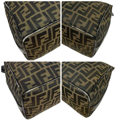FENDI Hand Bag Tote Purse Vanity FF Zucca Canvas Leather Khaki Authentic