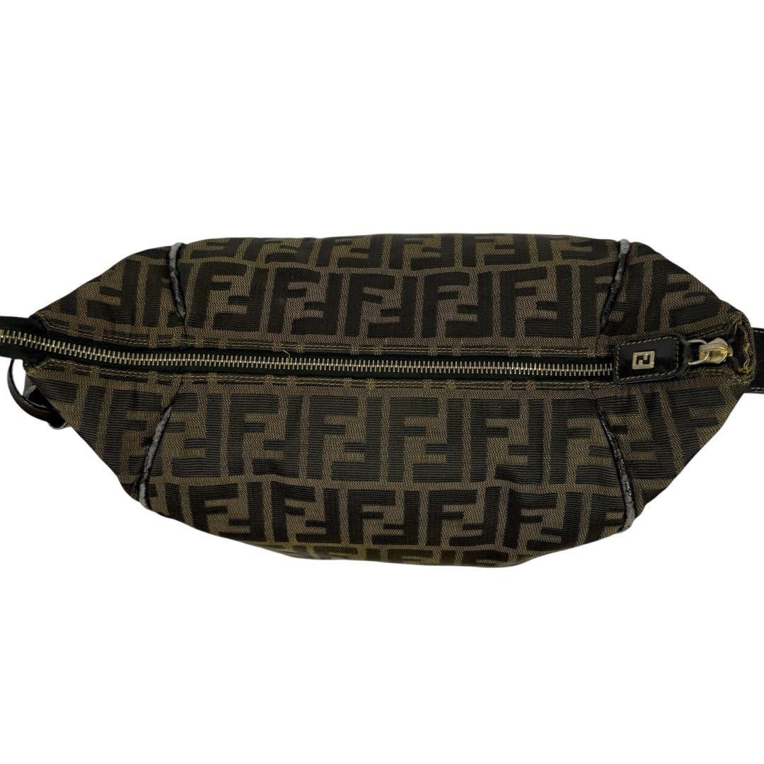 FENDI Hand Bag Tote Purse Vanity FF Zucca Canvas Leather Khaki Authentic