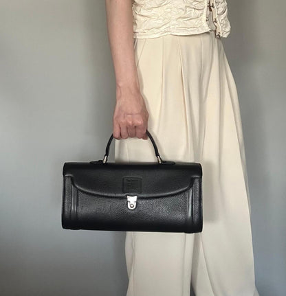 BURBERRY Handbag Horse Logo Nova Check Purse Leather Black Silver Authentic Used