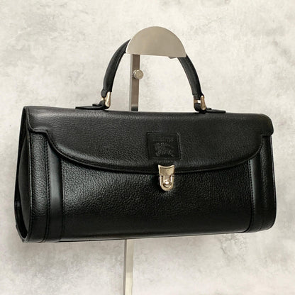 BURBERRY Handbag Horse Logo Nova Check Purse Leather Black Silver Authentic Used