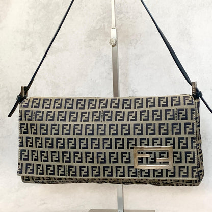 FENDI Bag Baguette FF  Zucchino Shoulder Purse Canvas Leather Beige Black Auth