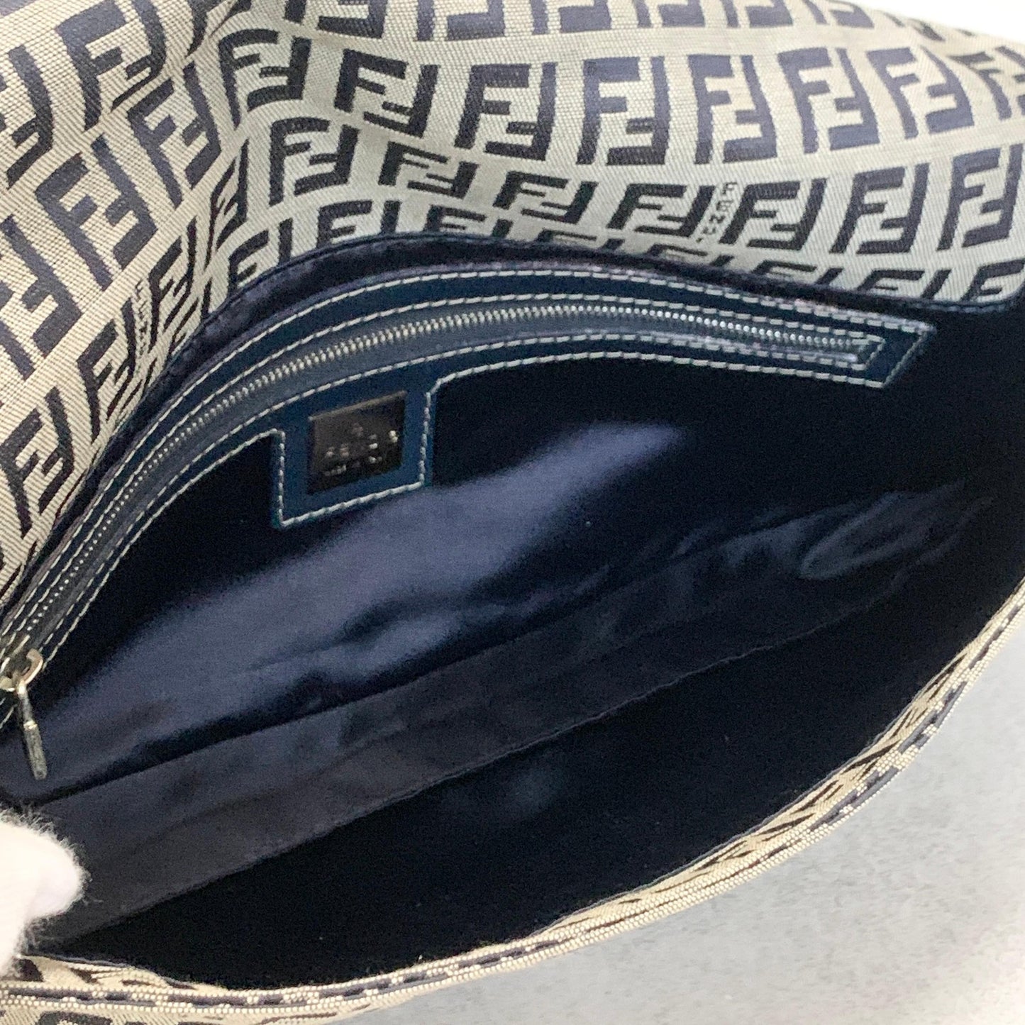 FENDI Bag Baguette FF  Zucchino Shoulder Purse Canvas Leather Beige Black Auth