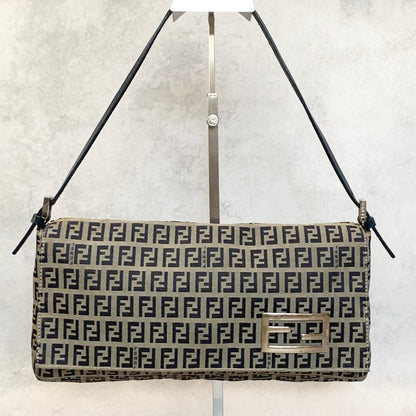 FENDI Bag Baguette FF  Zucchino Shoulder Purse Canvas Leather Beige Black Auth