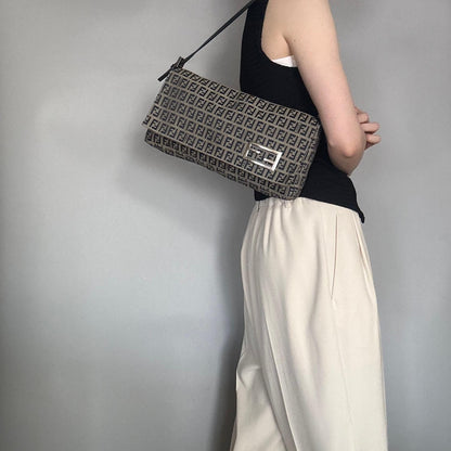 FENDI Bag Baguette FF  Zucchino Shoulder Purse Canvas Leather Beige Black Auth
