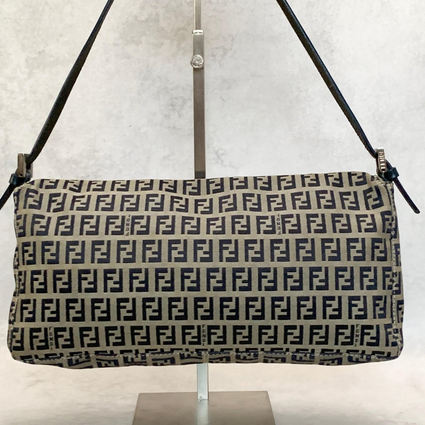 FENDI Bag Baguette FF  Zucchino Shoulder Purse Canvas Leather Beige Black Auth