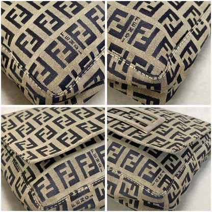 FENDI Bag Baguette FF  Zucchino Shoulder Purse Canvas Leather Beige Black Auth