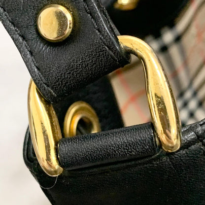 BURBERRY Shoulder Bag Purse Horse Logo Leather Black Gold Unisex Used Authentic