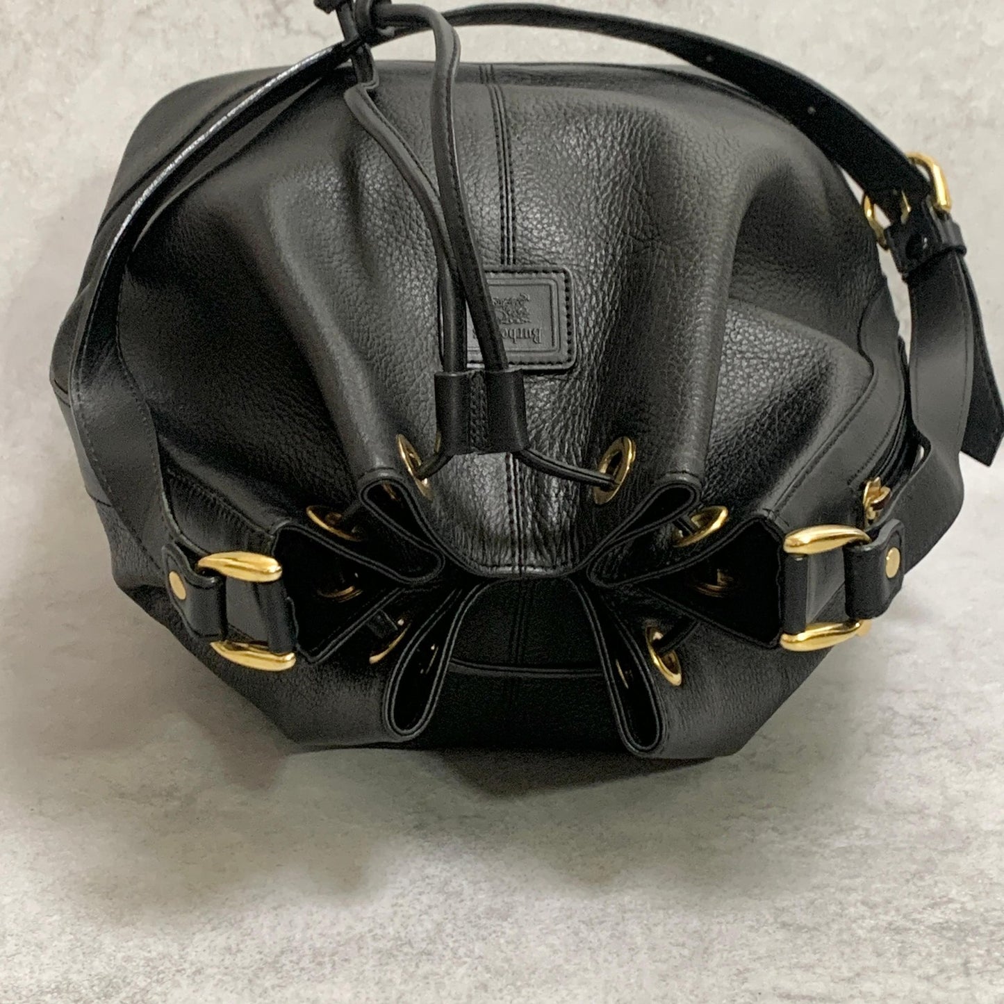 BURBERRY Shoulder Bag Purse Horse Logo Leather Black Gold Unisex Used Authentic