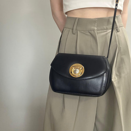 GIANNI VERSACE Medusa Shoulder Bag Purse Leather Dark Navy Women's Authentic