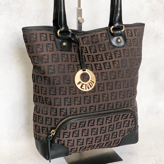 FENDI Zucchino FF Tote Bag Handbag Purse Canvas Leather Brown Black Gold Auth
