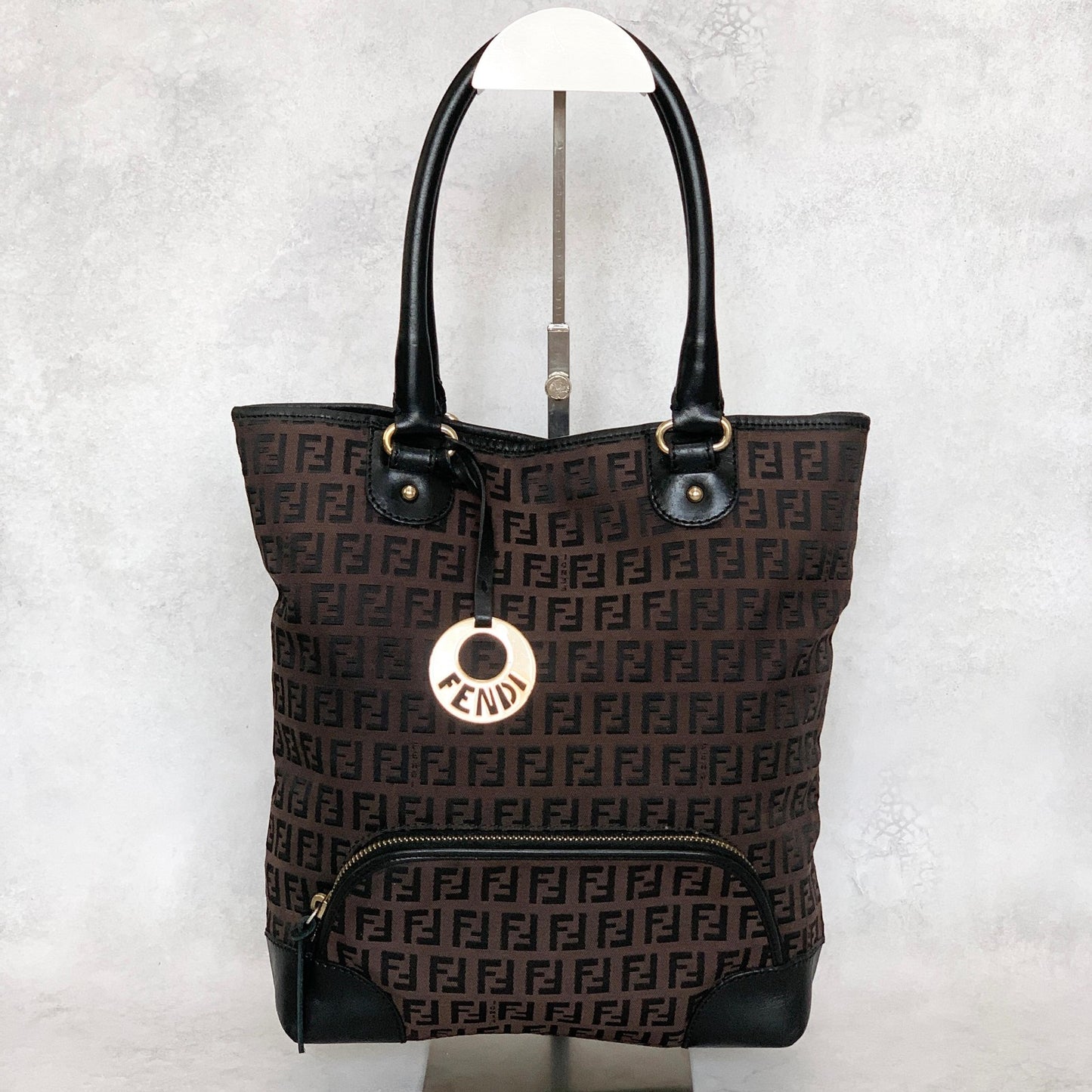 FENDI Zucchino FF Tote Bag Handbag Purse Canvas Leather Brown Black Gold Auth