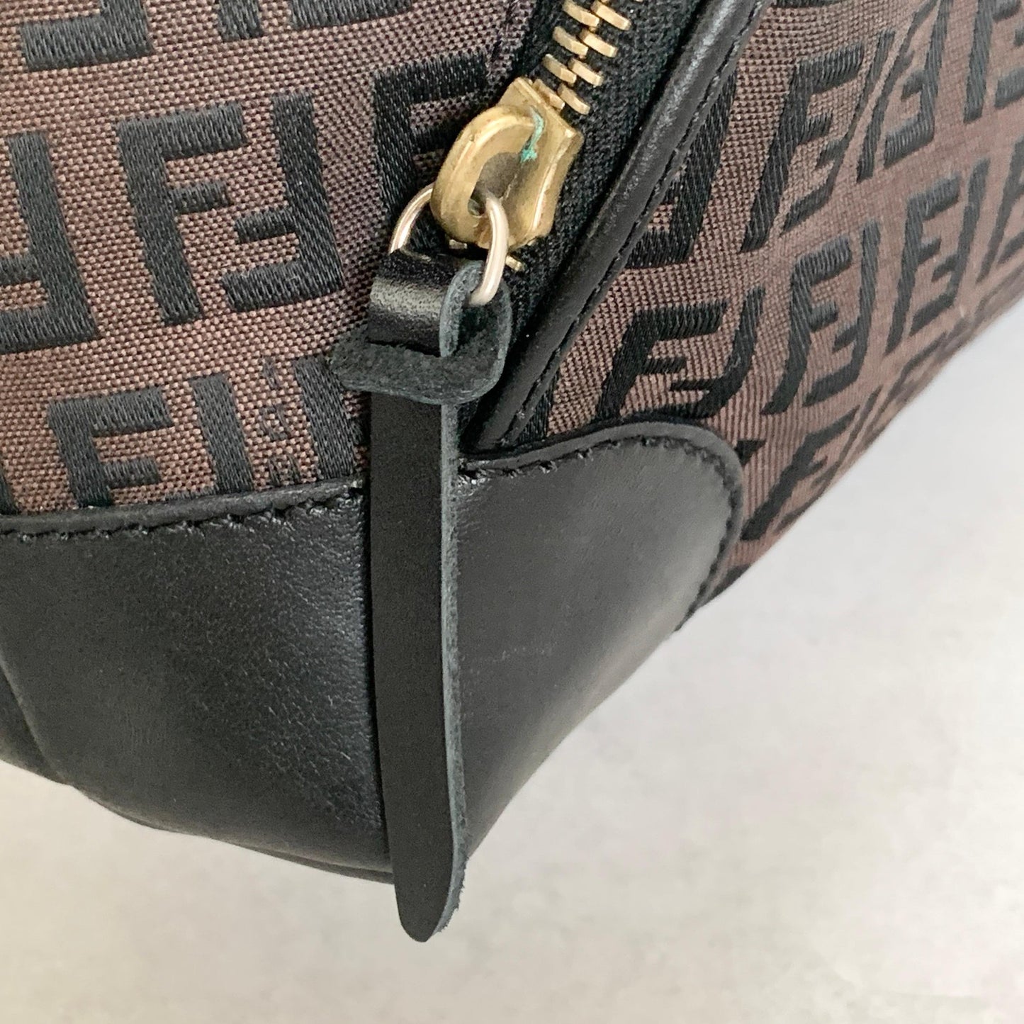 FENDI Zucchino FF Tote Bag Handbag Purse Canvas Leather Brown Black Gold Auth