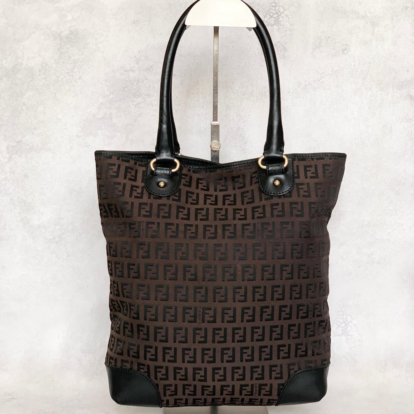 FENDI Zucchino FF Tote Bag Handbag Purse Canvas Leather Brown Black Gold Auth