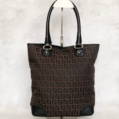 FENDI Zucchino FF Tote Bag Handbag Purse Canvas Leather Brown Black Gold Auth
