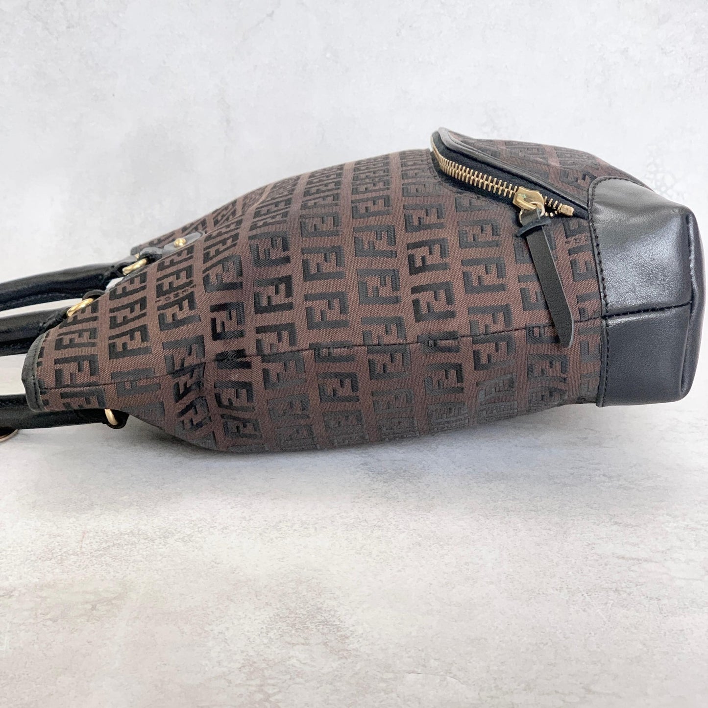 FENDI Zucchino FF Tote Bag Handbag Purse Canvas Leather Brown Black Gold Auth