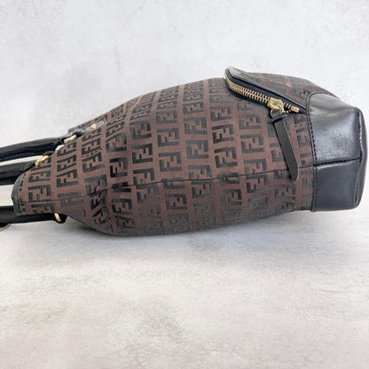 FENDI Zucchino FF Tote Bag Handbag Purse Canvas Leather Brown Black Gold Auth