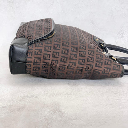 FENDI Zucchino FF Tote Bag Handbag Purse Canvas Leather Brown Black Gold Auth