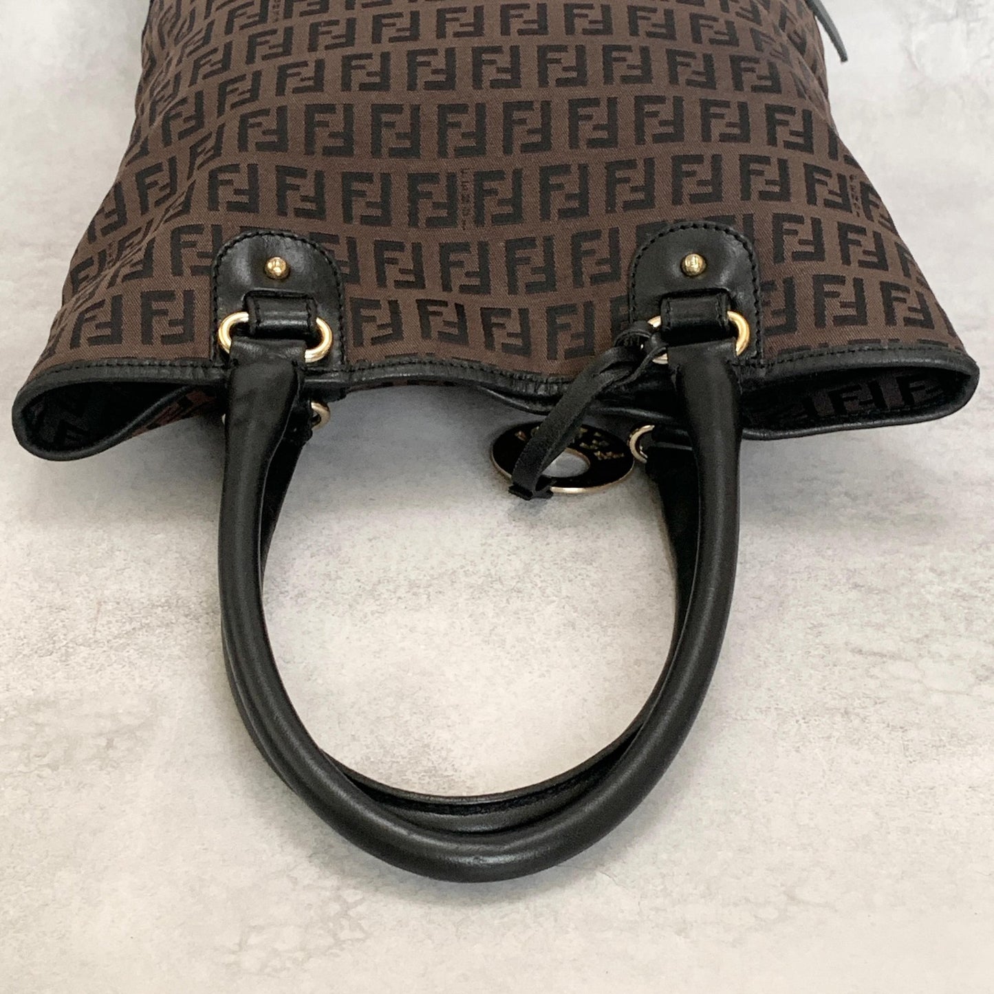FENDI Zucchino FF Tote Bag Handbag Purse Canvas Leather Brown Black Gold Auth
