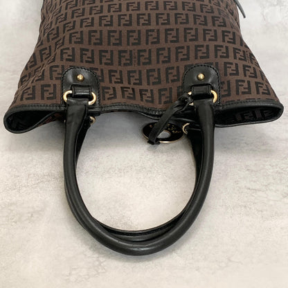 FENDI Zucchino FF Tote Bag Handbag Purse Canvas Leather Brown Black Gold Auth