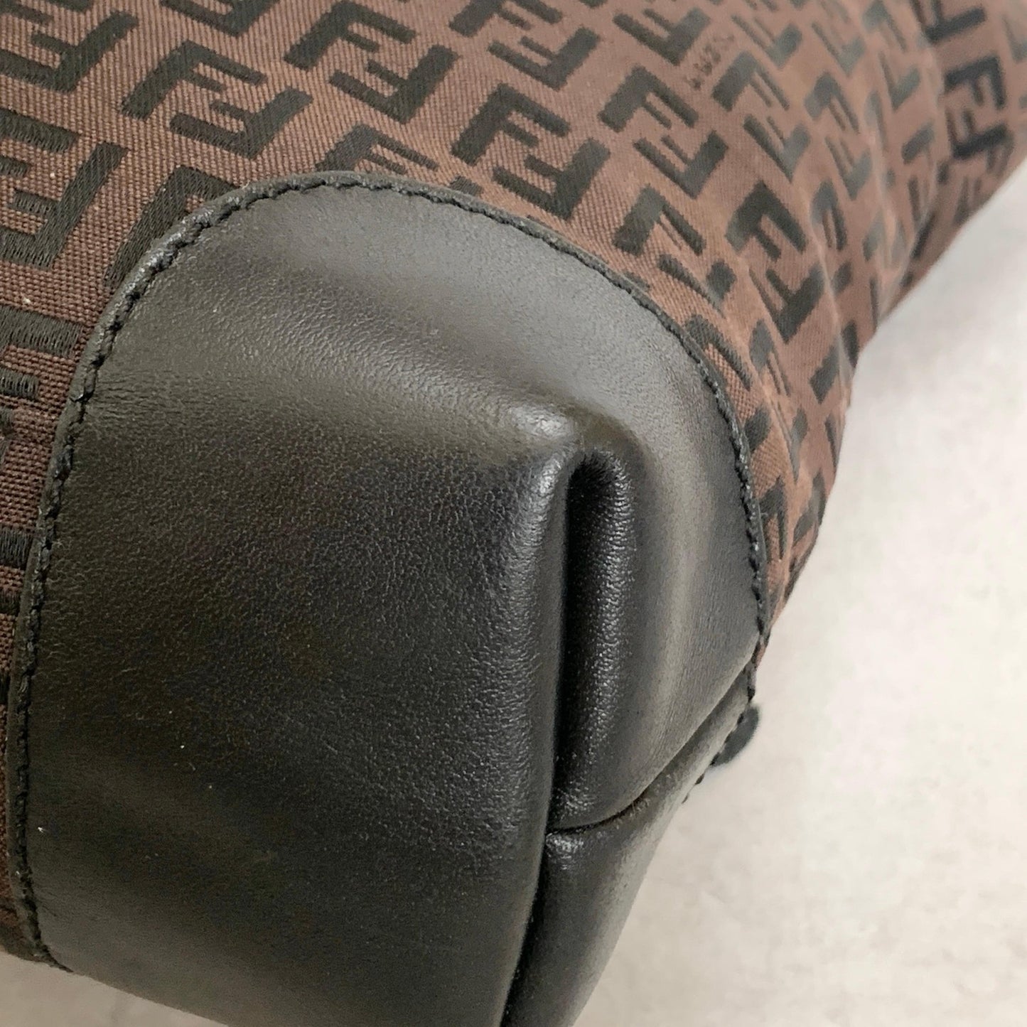 FENDI Zucchino FF Tote Bag Handbag Purse Canvas Leather Brown Black Gold Auth