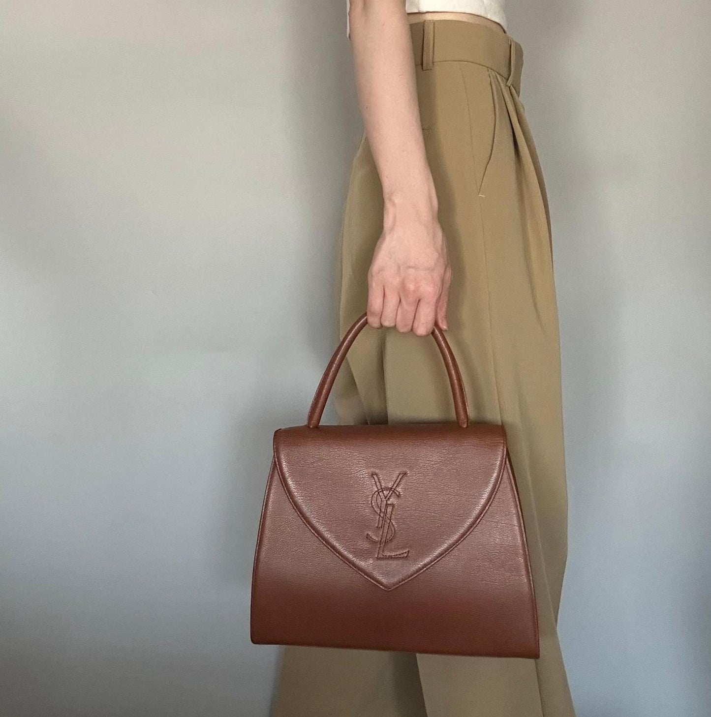 Saint Laurent Bag Cassandra YSL Logo Hand Tote Purse Leather Brown Gold Auth