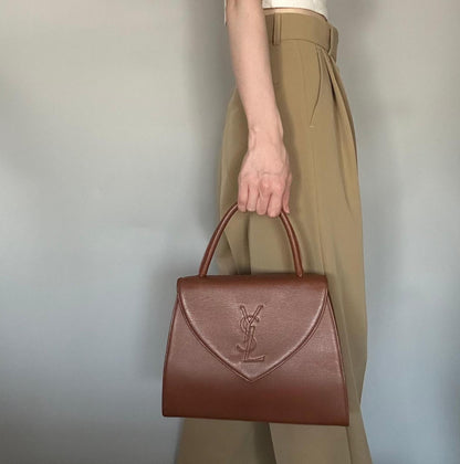 Saint Laurent Bag Cassandra YSL Logo Hand Tote Purse Leather Brown Gold Auth