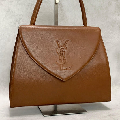 Saint Laurent Bag Cassandra YSL Logo Hand Tote Purse Leather Brown Gold Auth